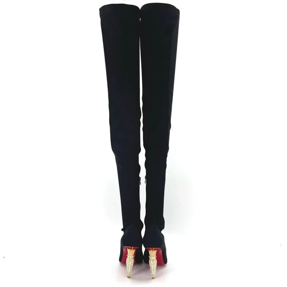 NEW Christian Louboutin Lipstrass Botta Alta Crystal Embellished OTK Boots 37.5